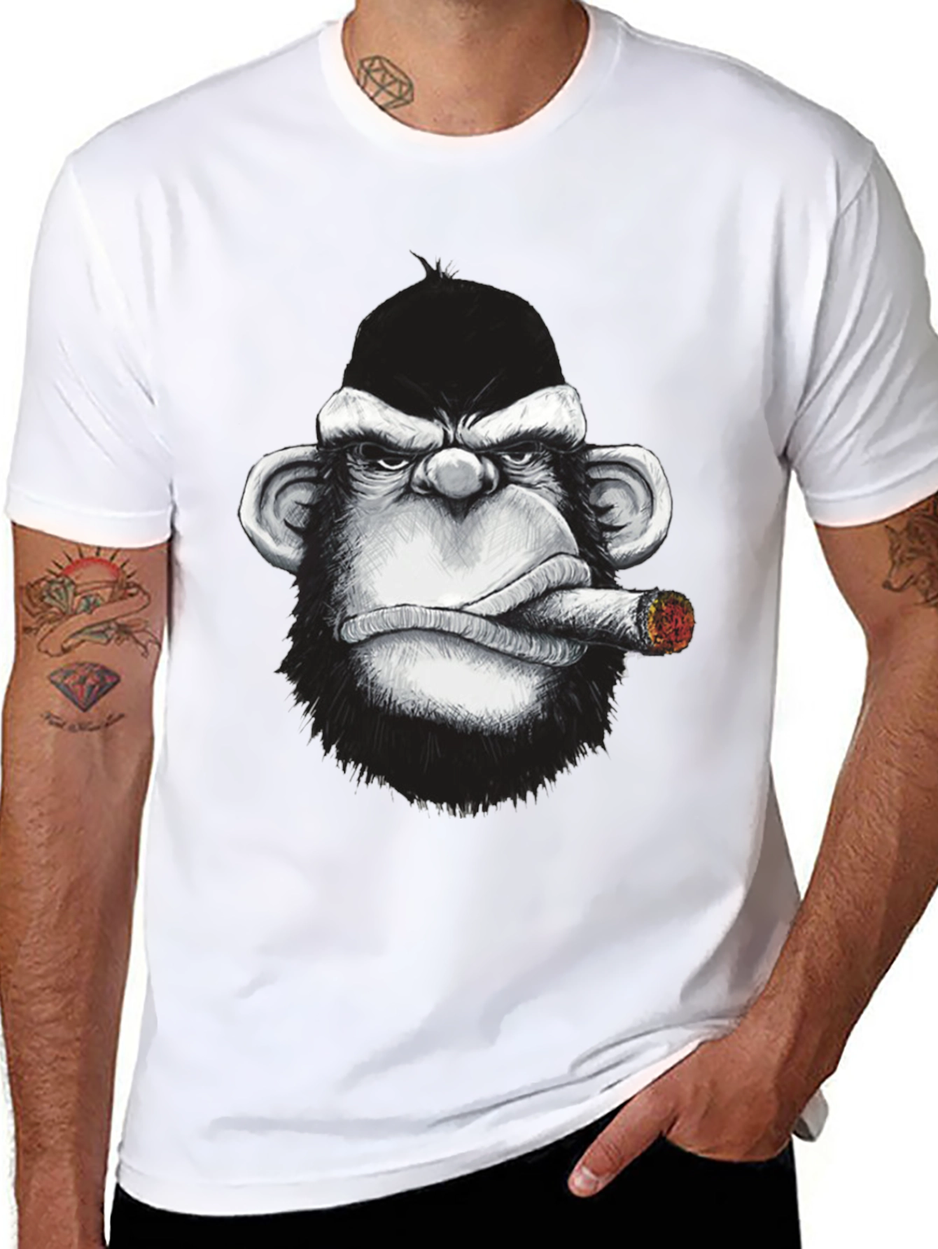 Cool Monkey Cigar Graphic Tee - Black Cotton