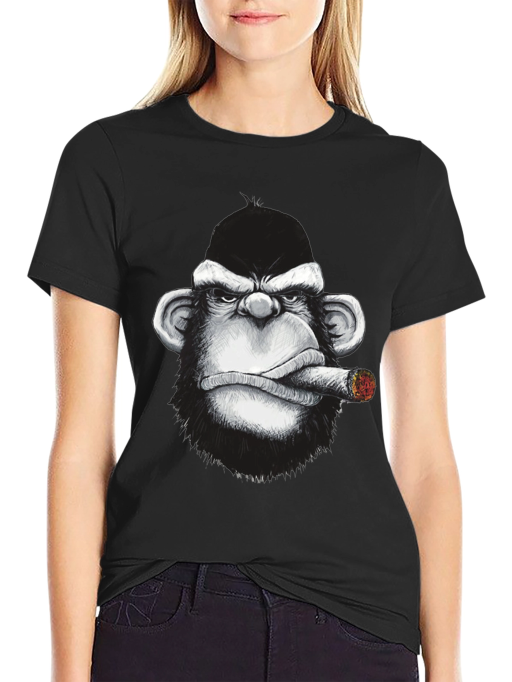Cool Monkey Cigar Graphic Tee - Black Cotton