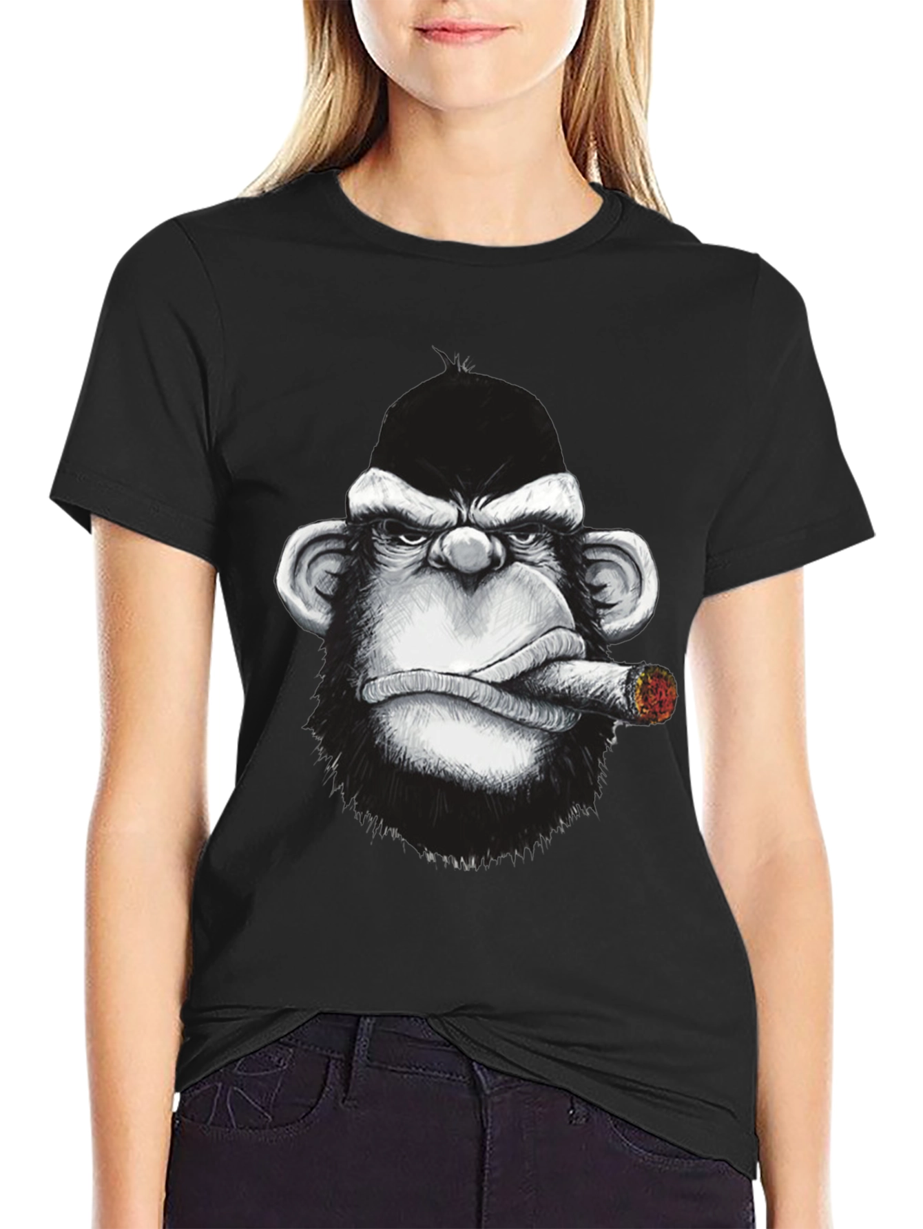 Cool Monkey Cigar Graphic Tee - Black Cotton