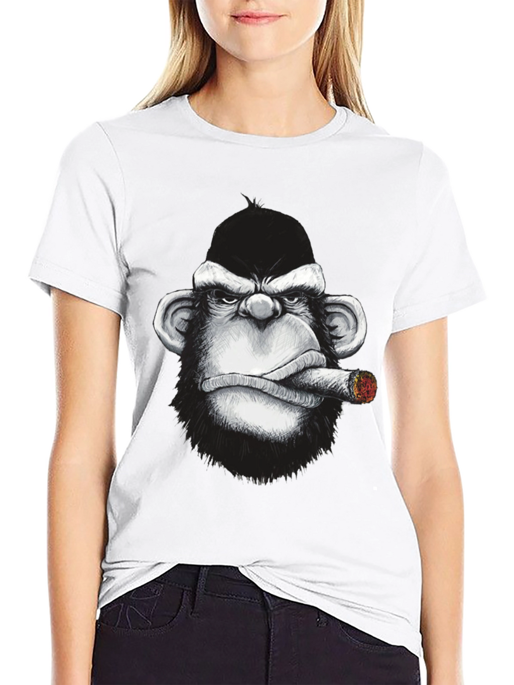 Cool Monkey Cigar Graphic Tee - Black Cotton