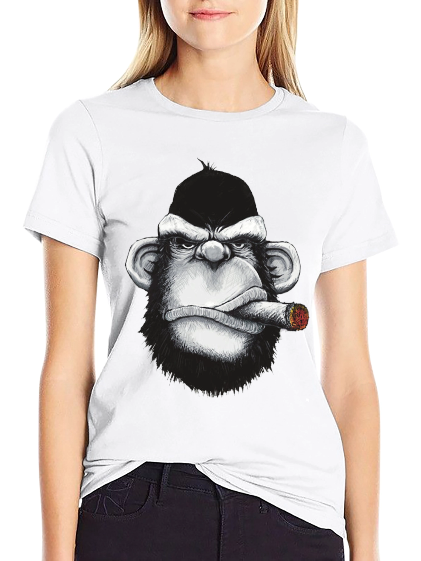 Cool Monkey Cigar Graphic Tee - Black Cotton