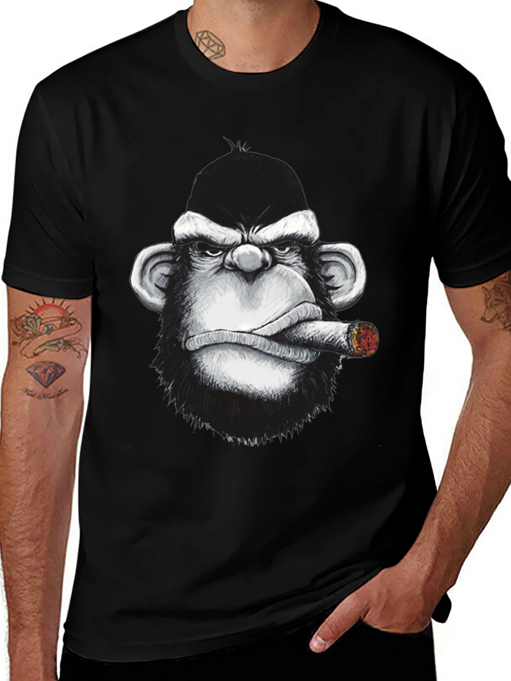Cool Monkey Cigar Graphic Tee - Black Cotton