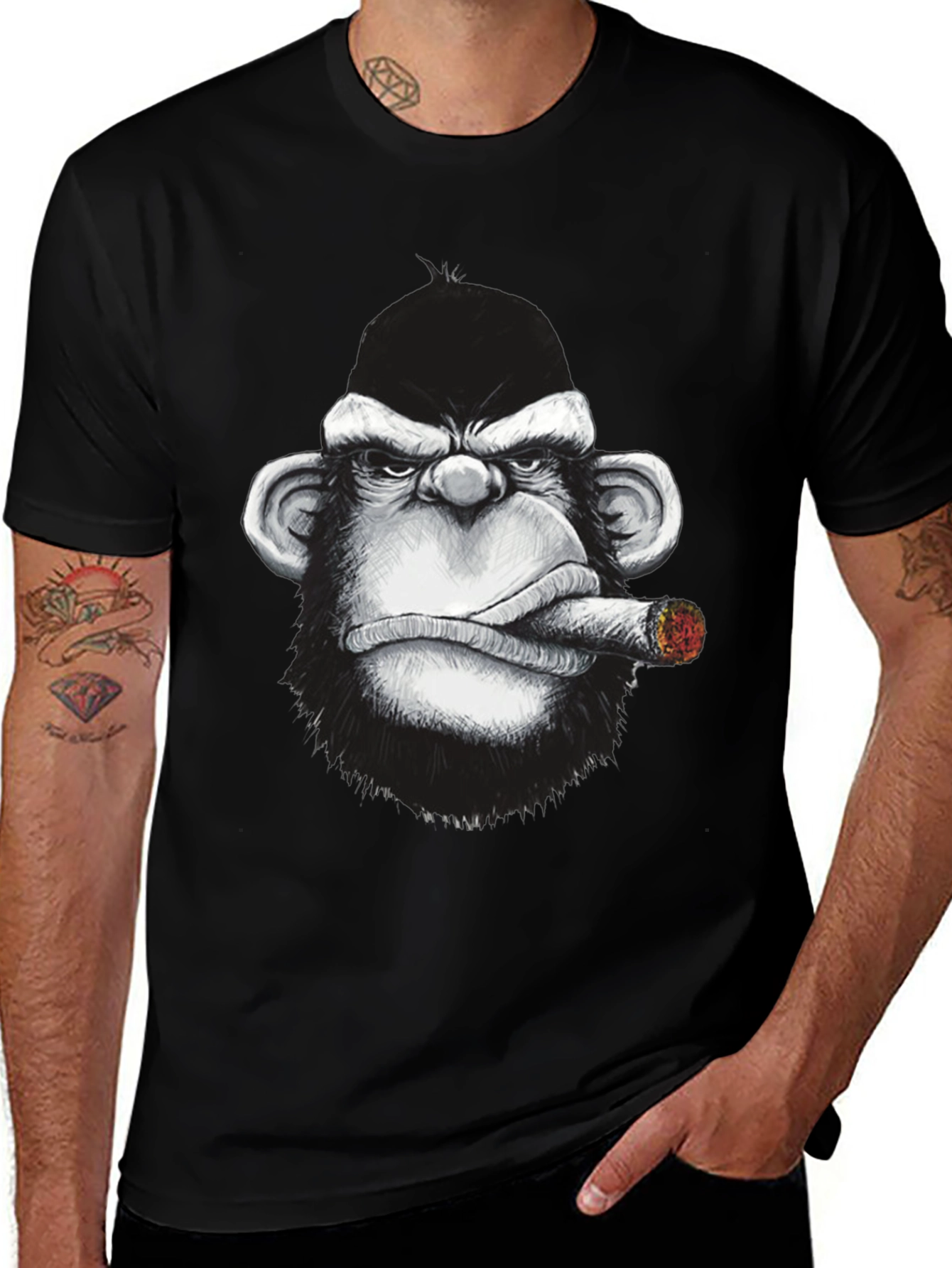 Cool Monkey Cigar Graphic Tee - Black Cotton