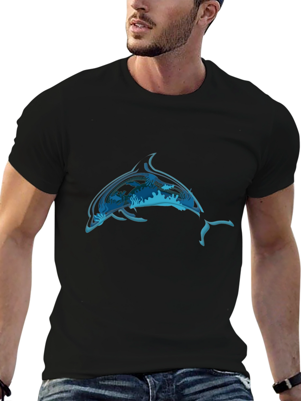 Ocean Dolphin Graphic Black T-Shirt