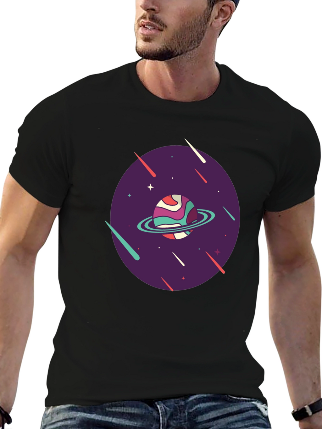 Retro Planet Graphic T-Shirt - Black