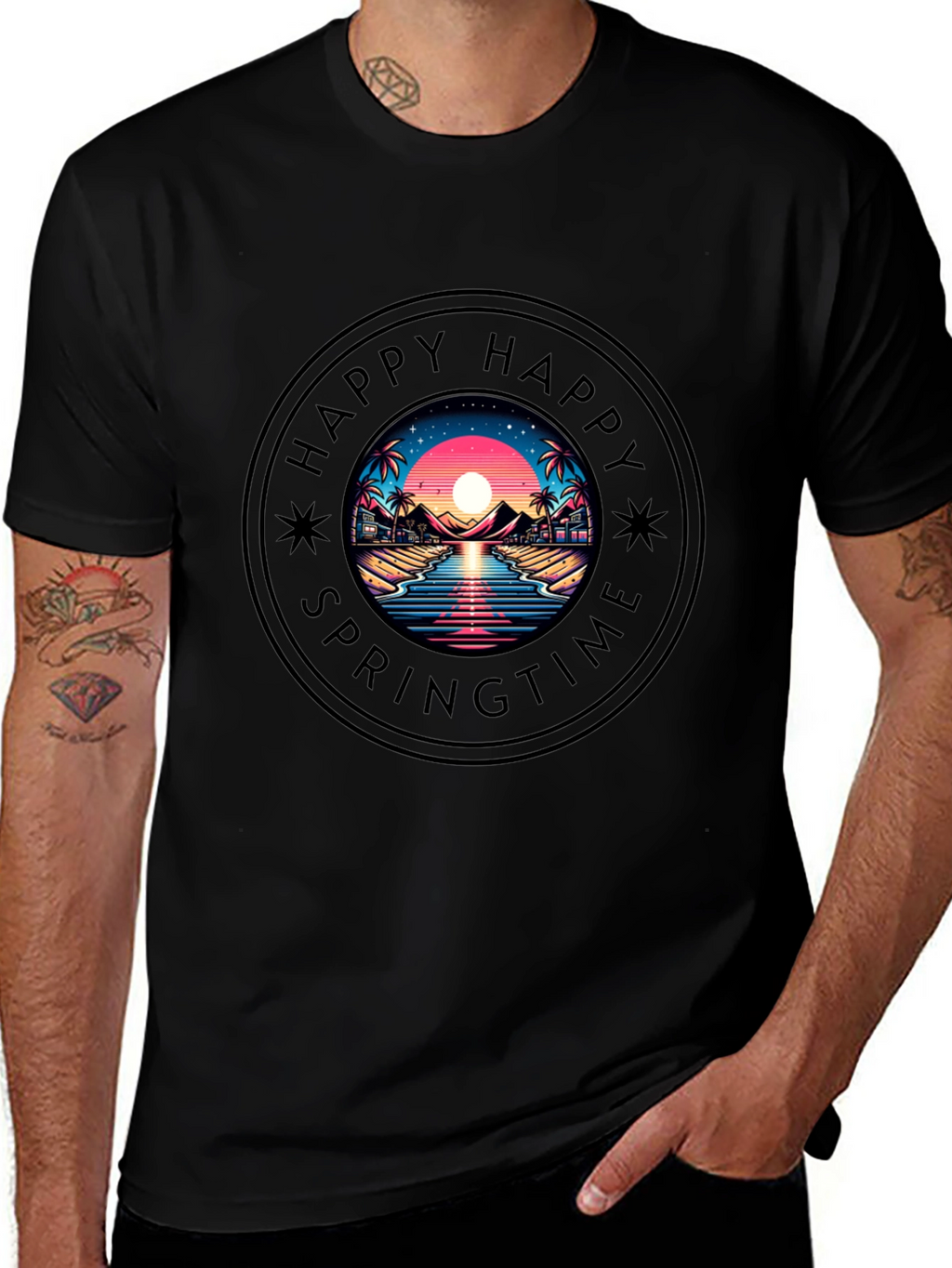Happy Springtime Graphic Black T-Shirt