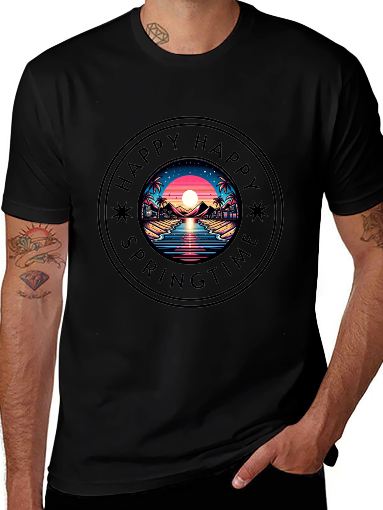 Happy Springtime Graphic Black T-Shirt