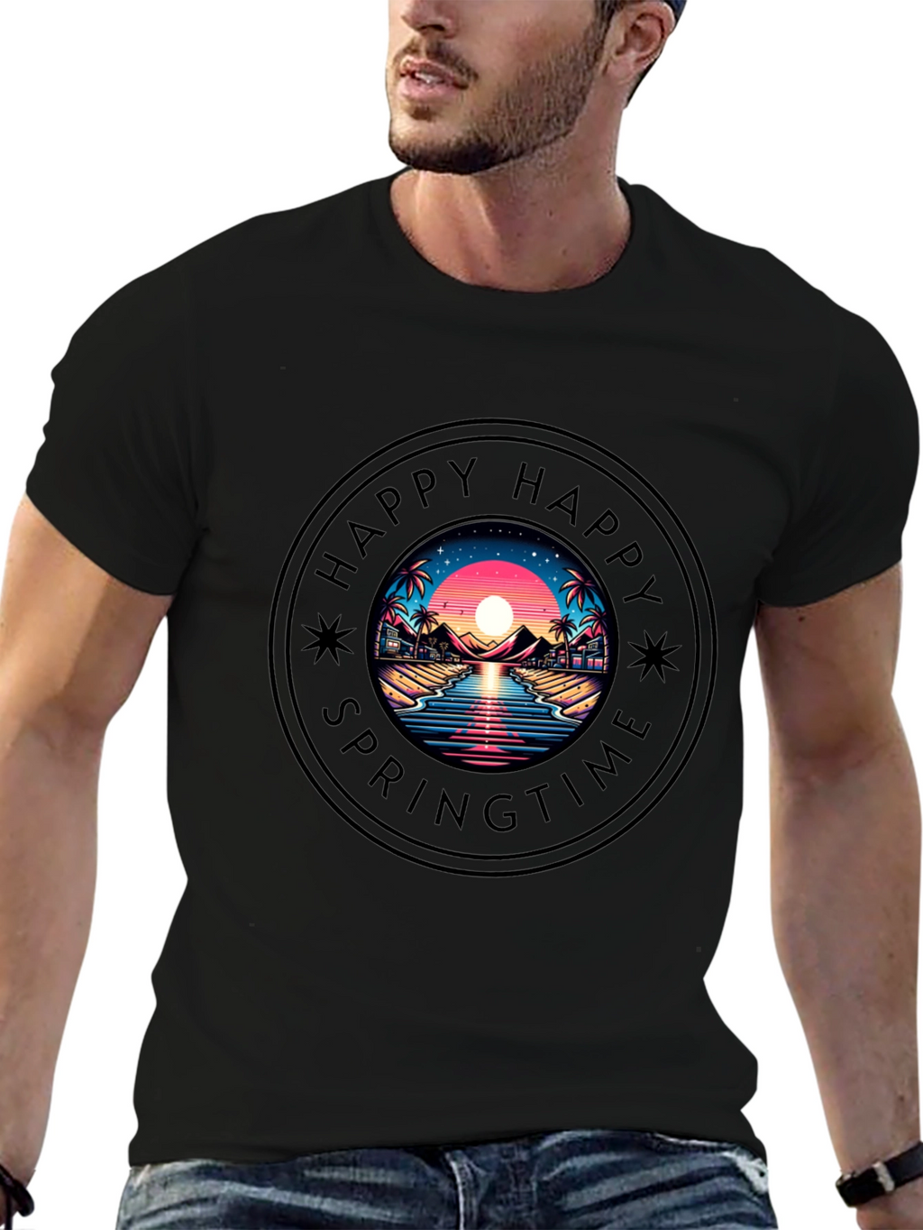 Happy Springtime Graphic Black T-Shirt