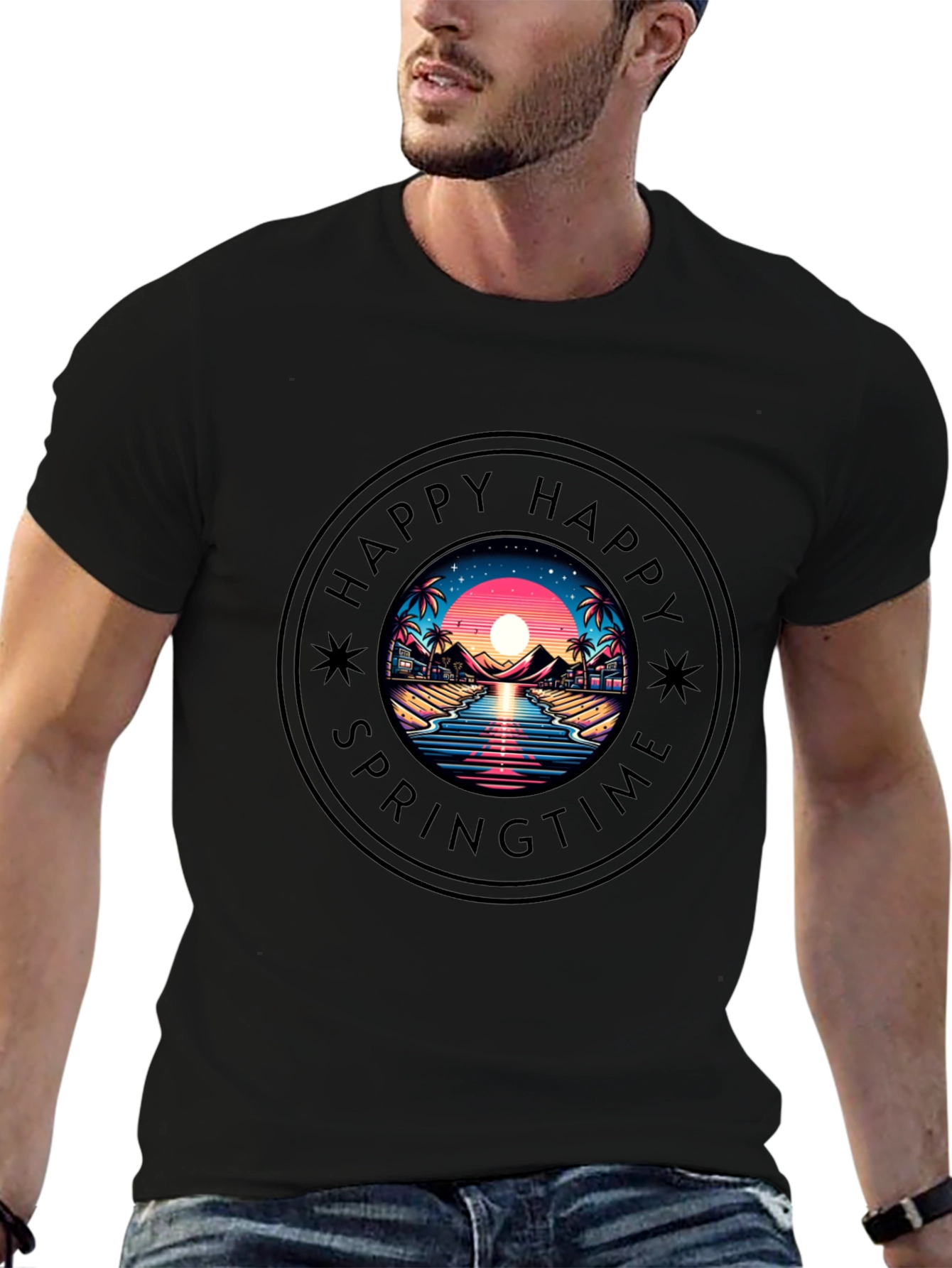 Happy Springtime Graphic Black T-Shirt