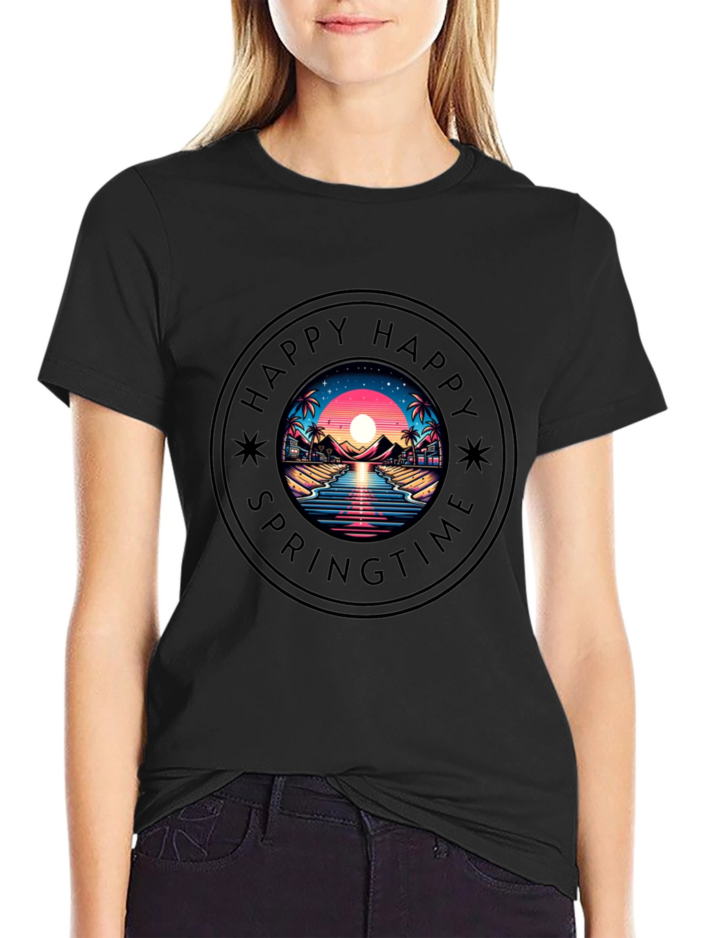 Happy Springtime Graphic Black T-Shirt