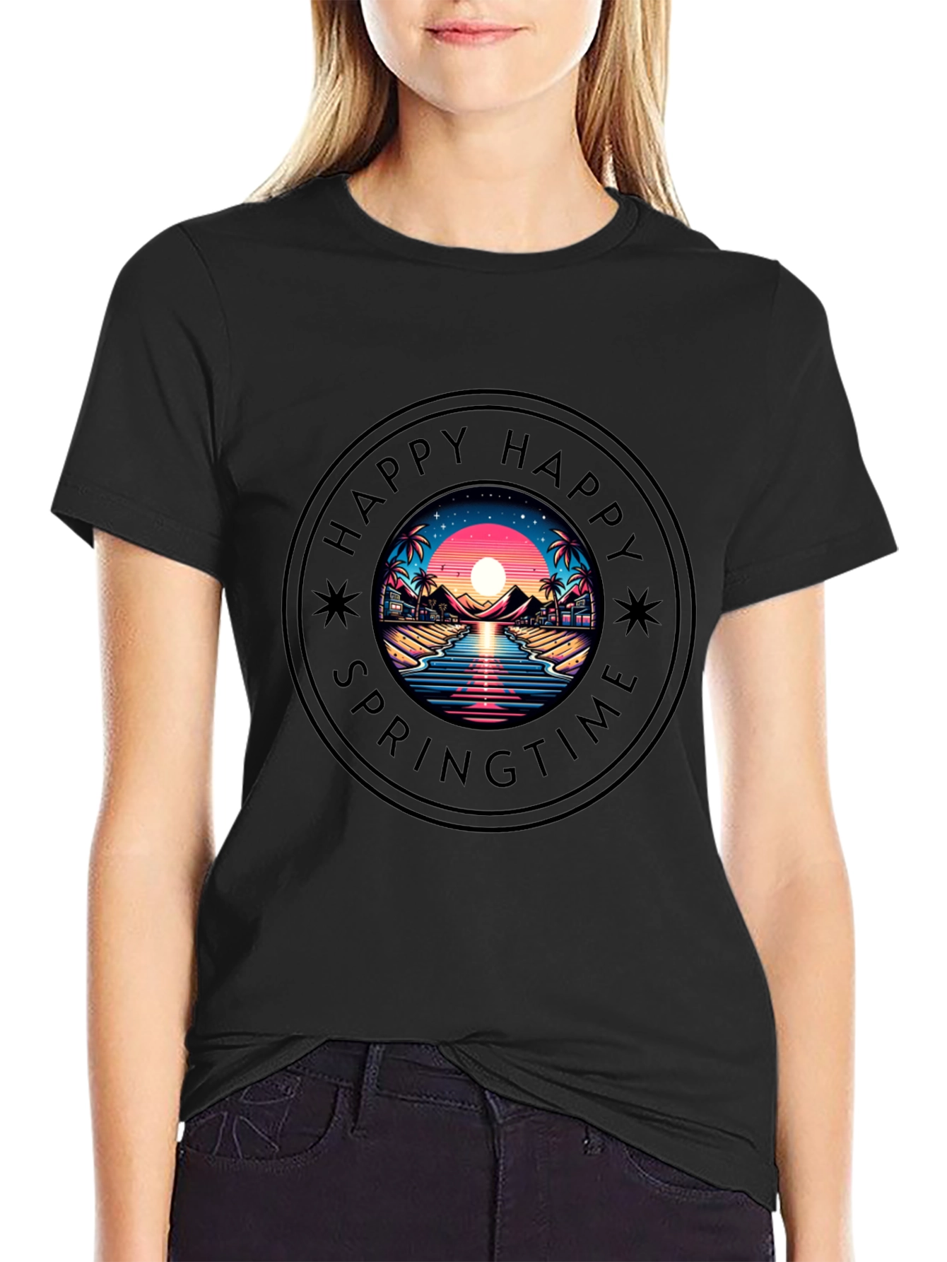 Happy Springtime Graphic Black T-Shirt