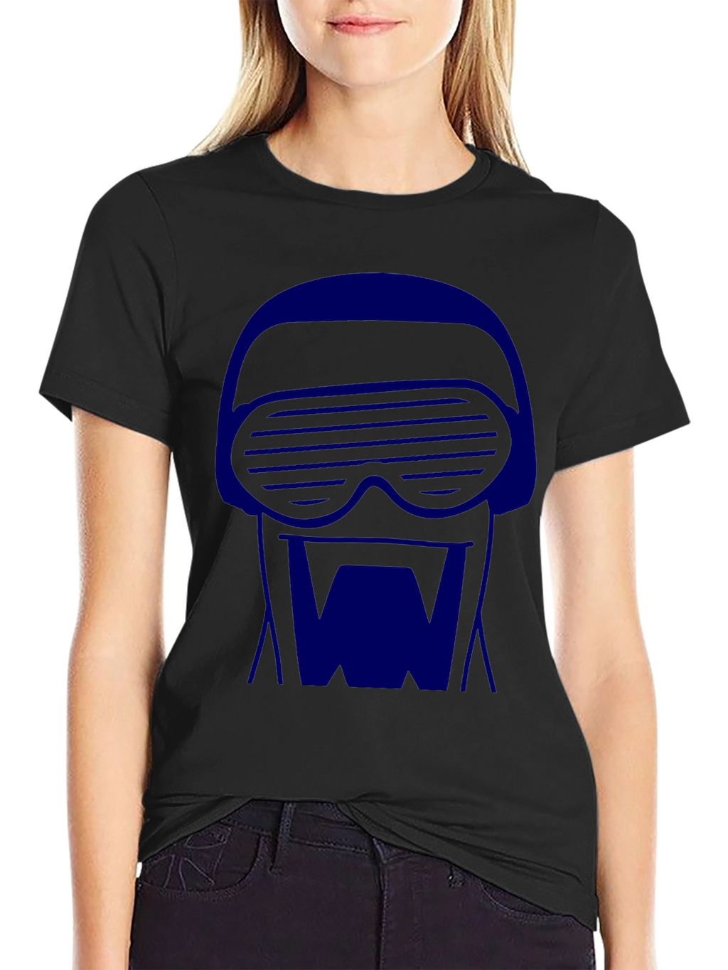 Retro-Cool Black T-Shirt with Blue 80s Robot Graphic