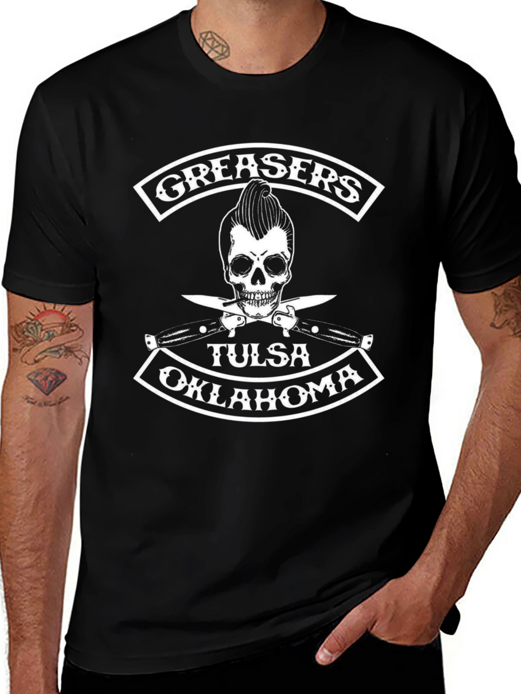 Greaser Skull Tulsa Oklahoma Black T-Shirt