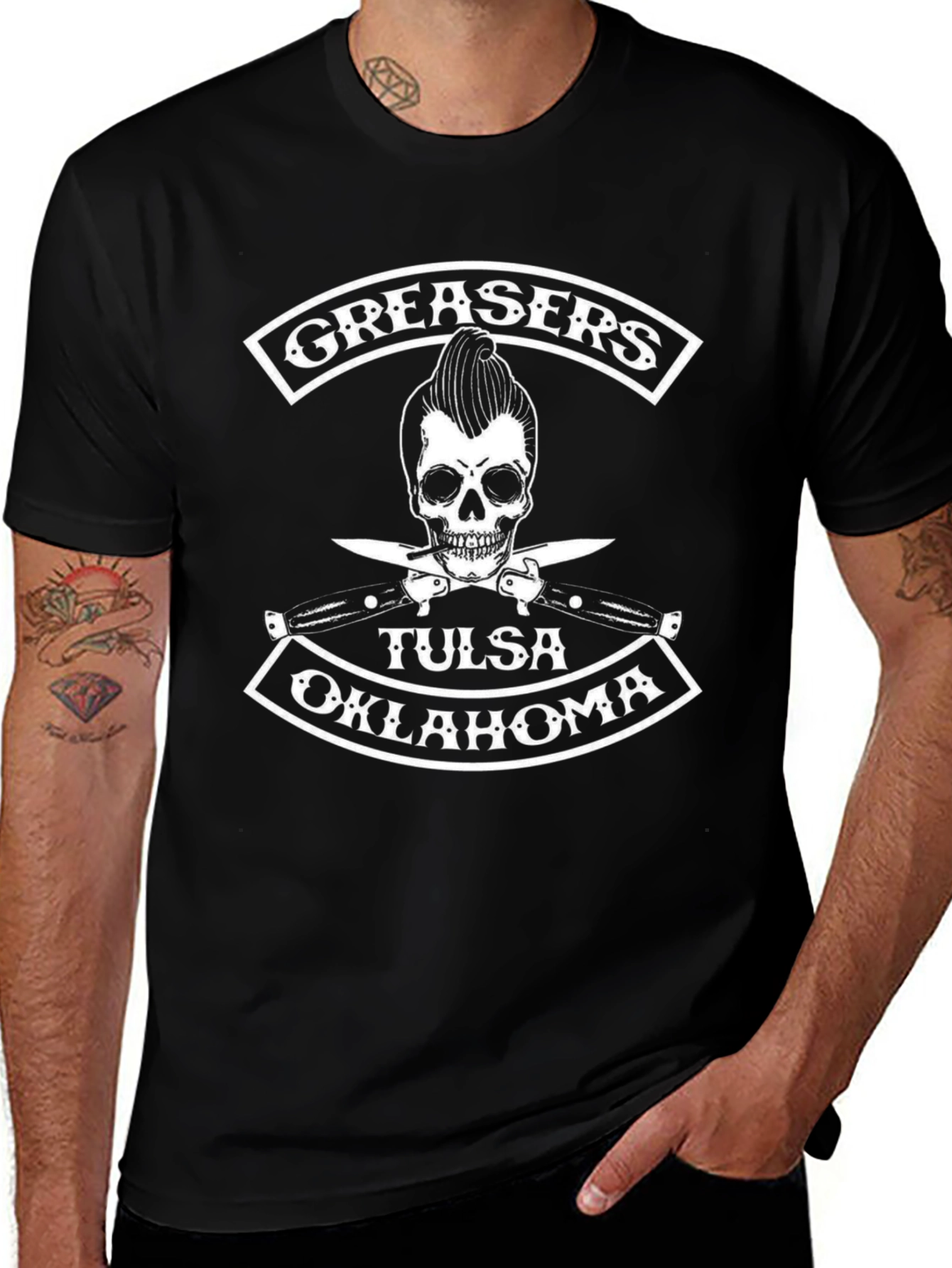 Greaser Skull Tulsa Oklahoma Black T-Shirt