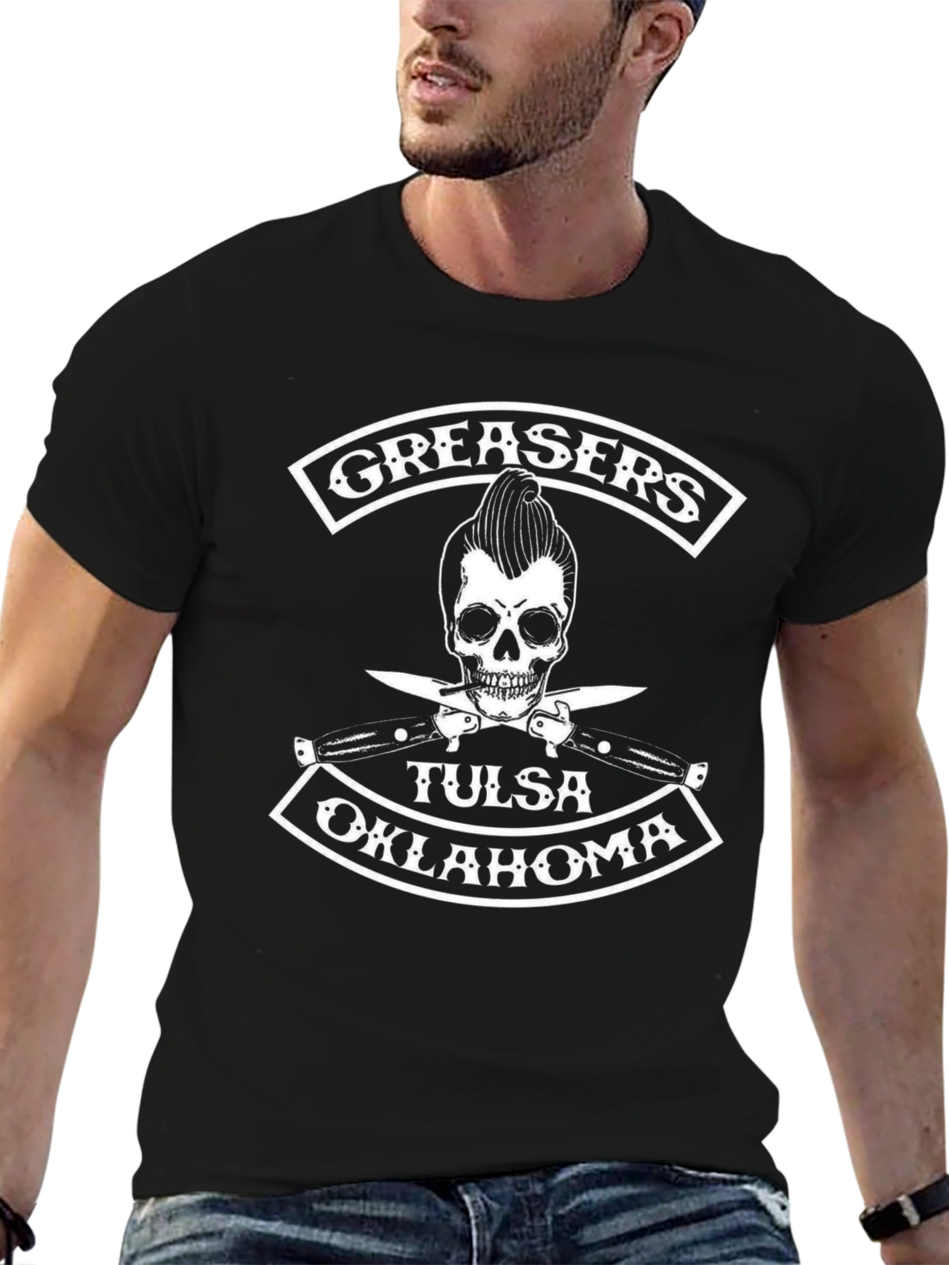 Greaser Skull Tulsa Oklahoma Black T-Shirt