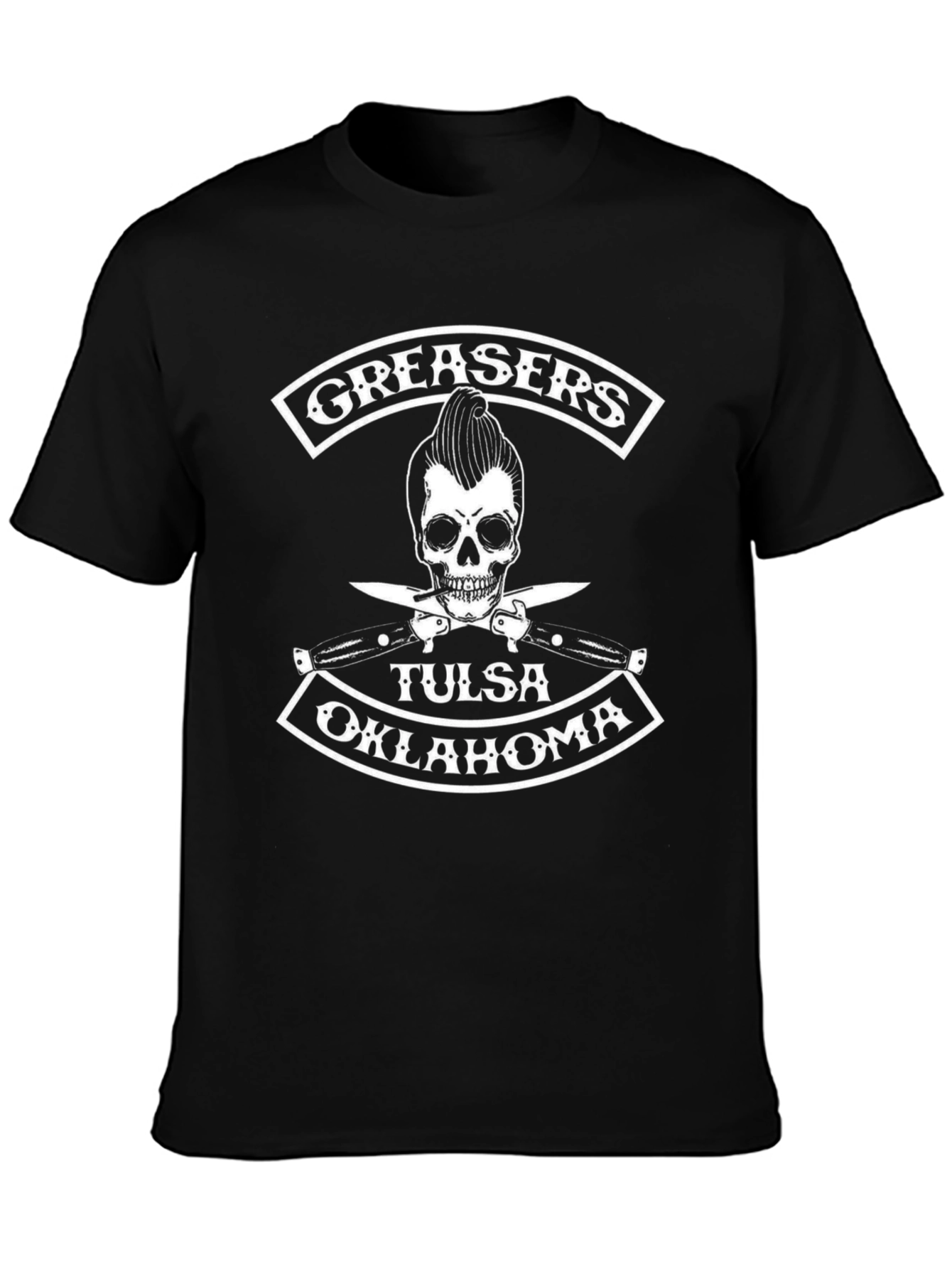Greaser Skull Tulsa Oklahoma Black T-Shirt