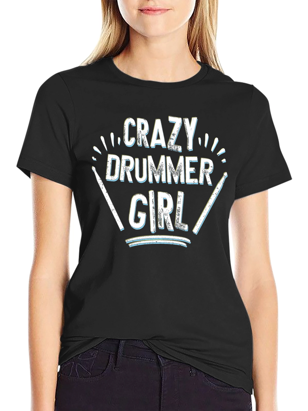 Crazy Drummer Girl Black T-Shirt
