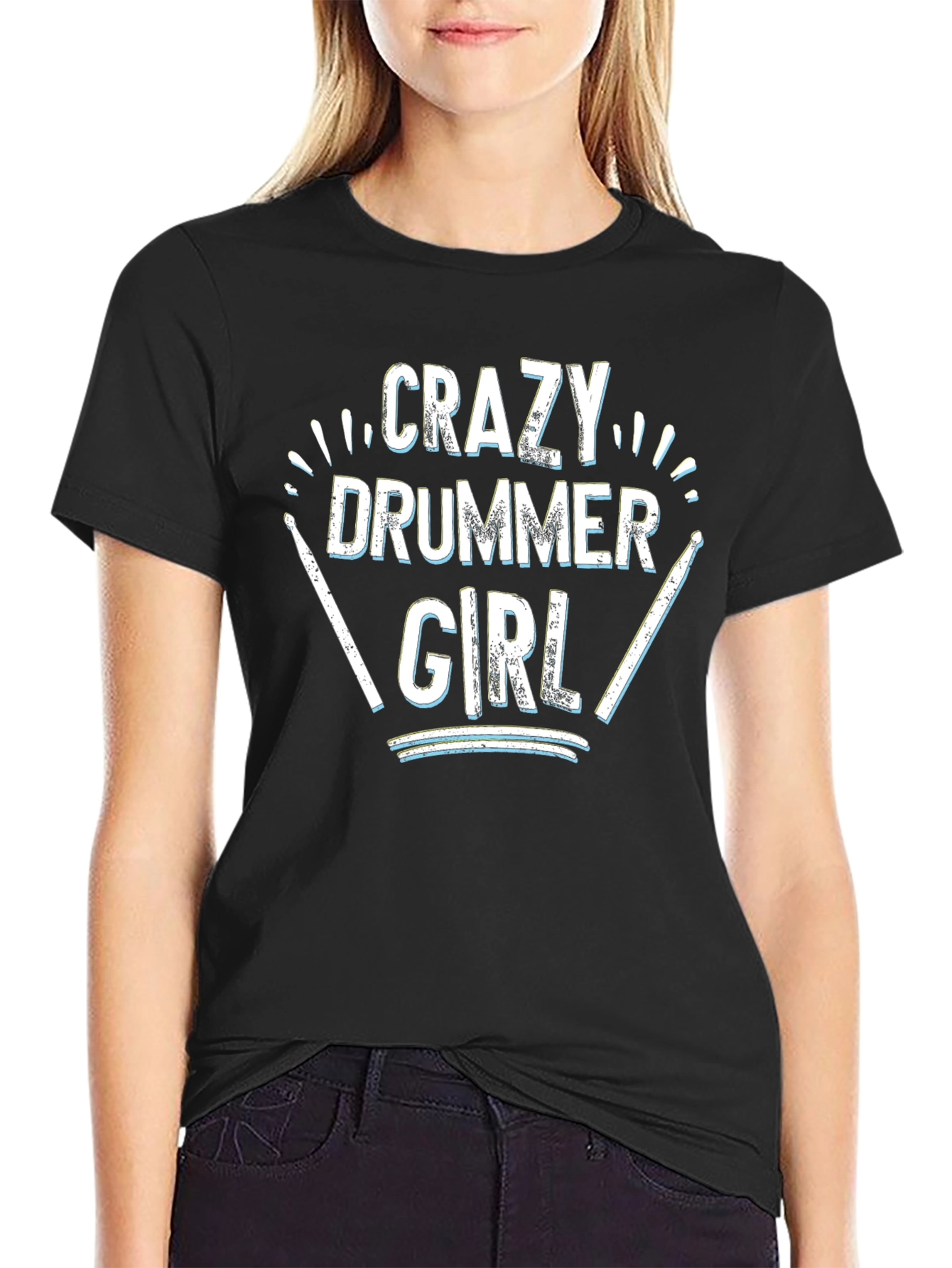 Crazy Drummer Girl Black T-Shirt