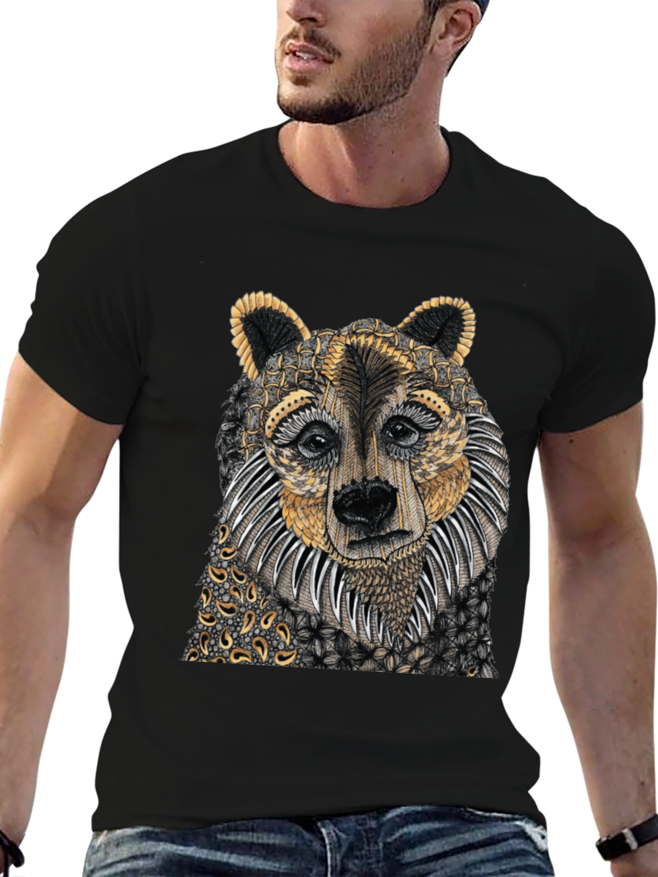Unique Bear Graphic Print Black T-Shirt