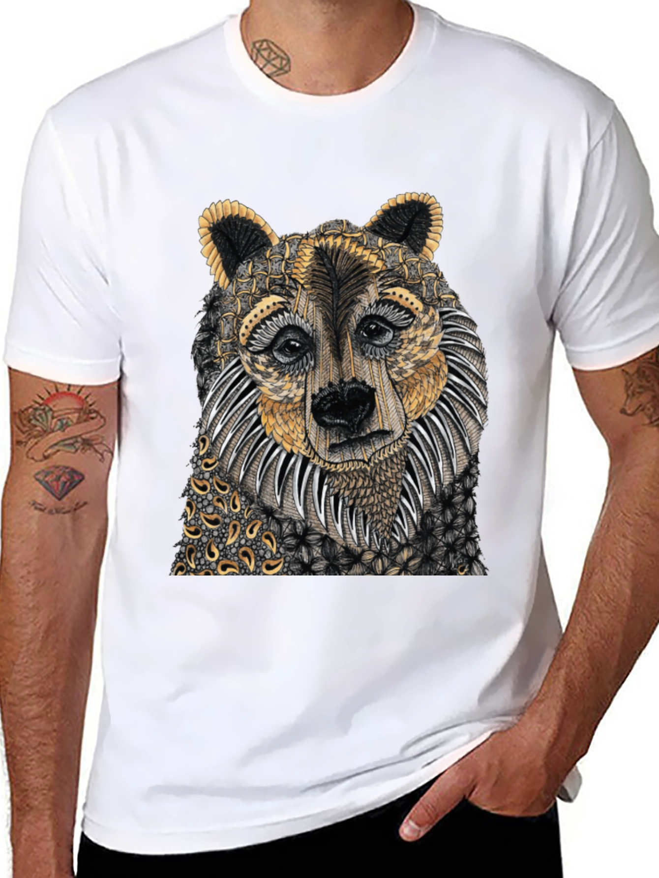 Unique Bear Graphic Print Black T-Shirt