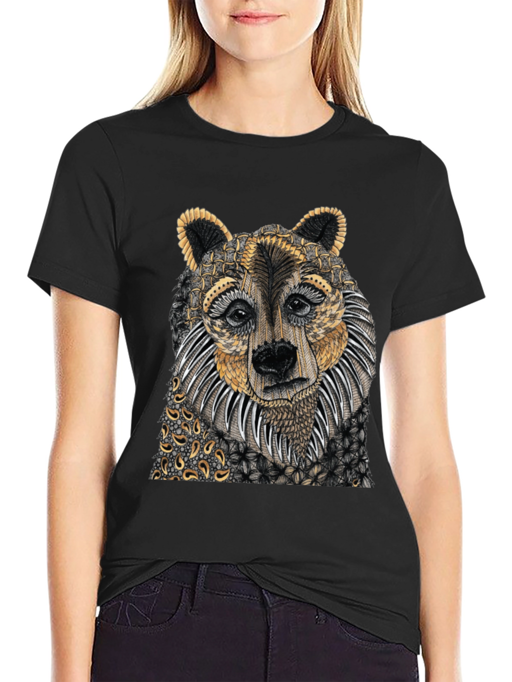 Unique Bear Graphic Print Black T-Shirt