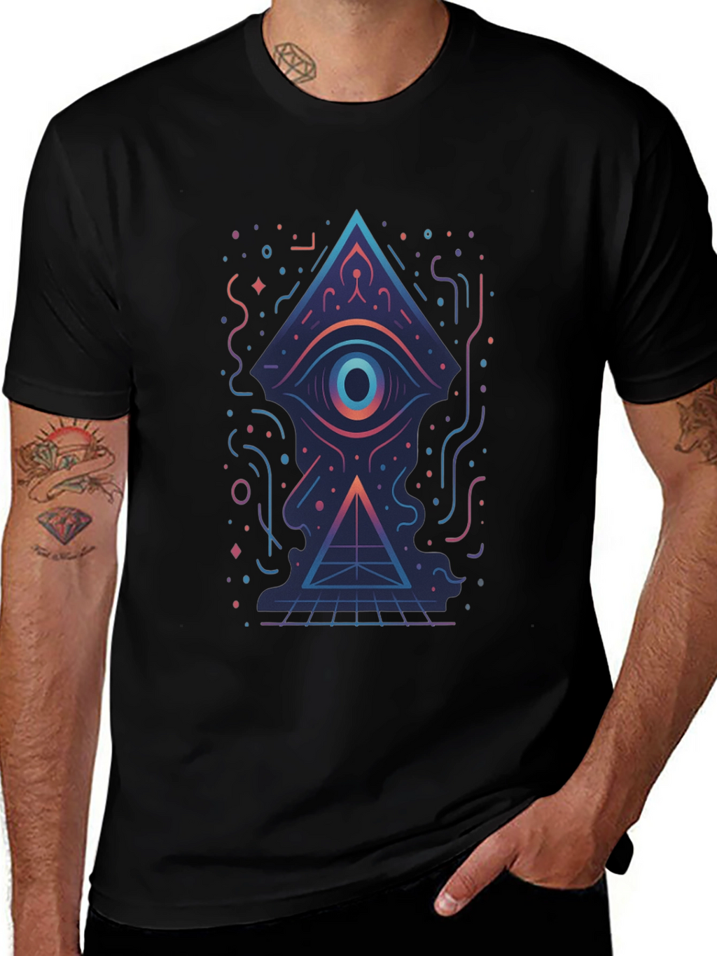 Geometric Eye Pyramid Graphic Tee - Black