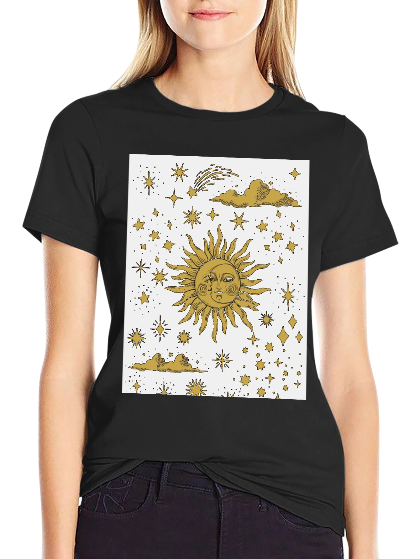 Celestial Sun & Moon Graphic Tee - Black Cotton Blend