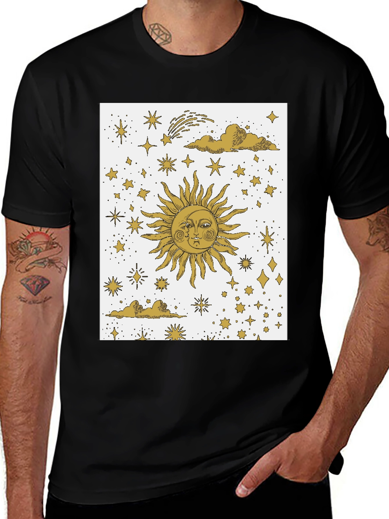 Celestial Sun & Moon Graphic Tee - Black Cotton Blend