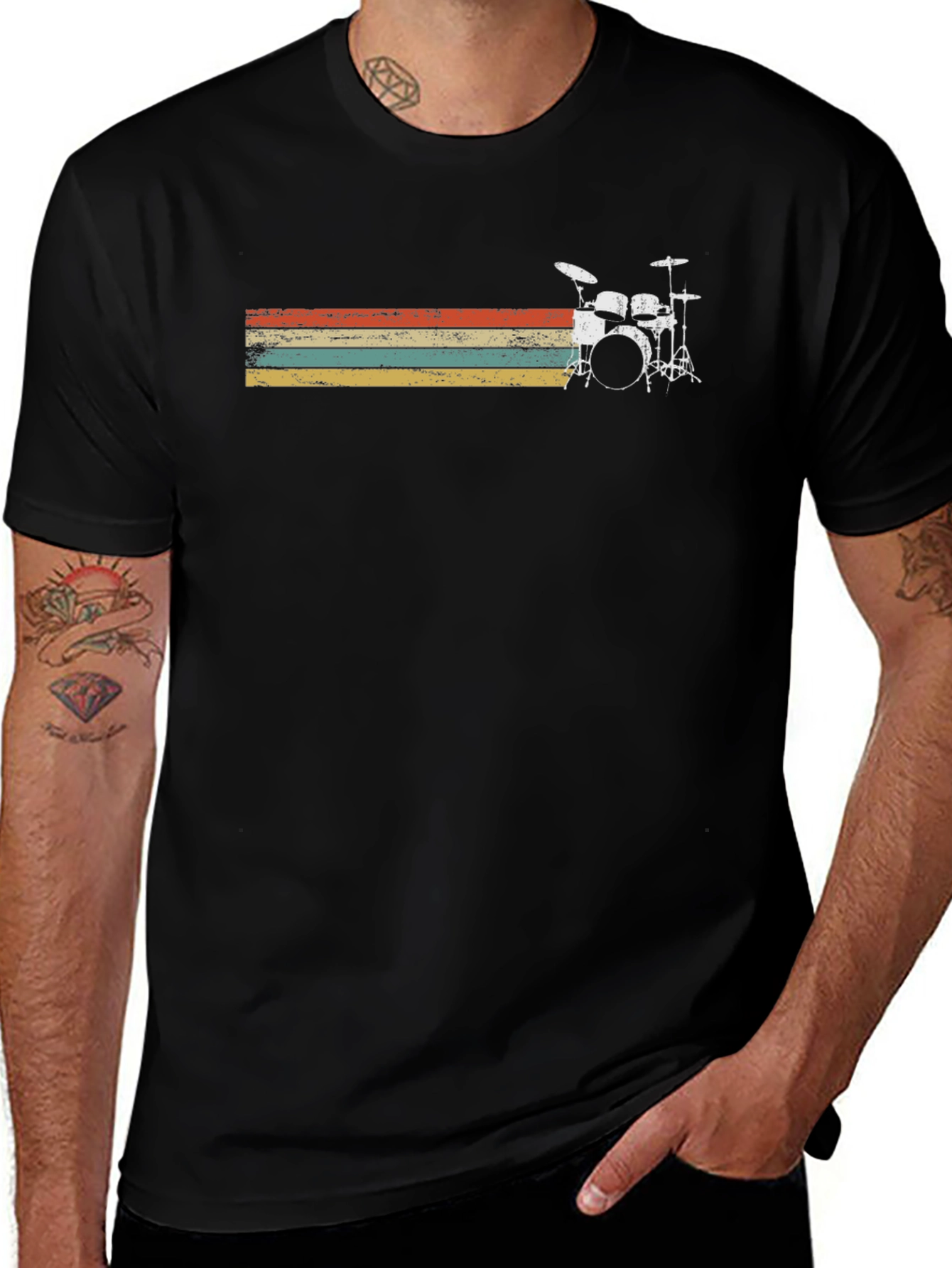 Vintage Drum Set Graphic Tee - Black Cotton