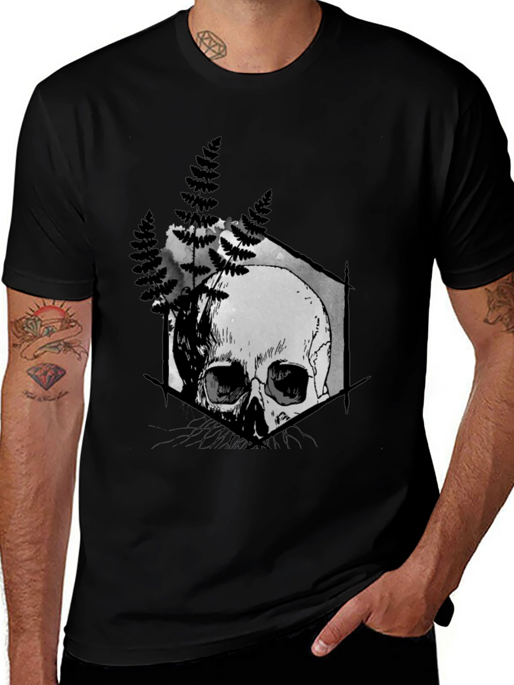 Skull Fern Graphic Print Black T-Shirt