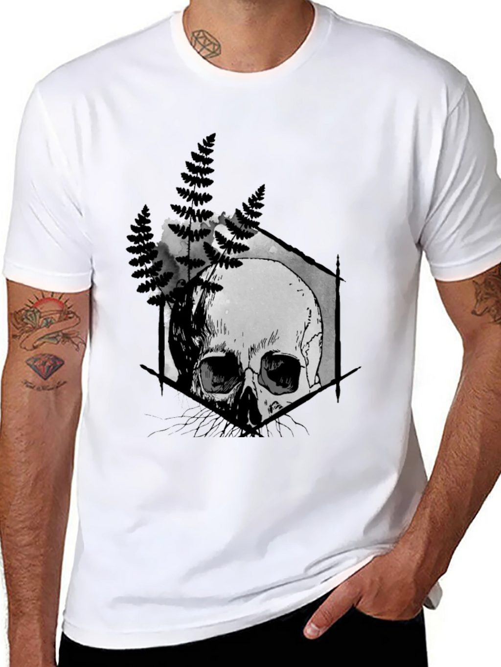 Skull Fern Graphic Print Black T-Shirt