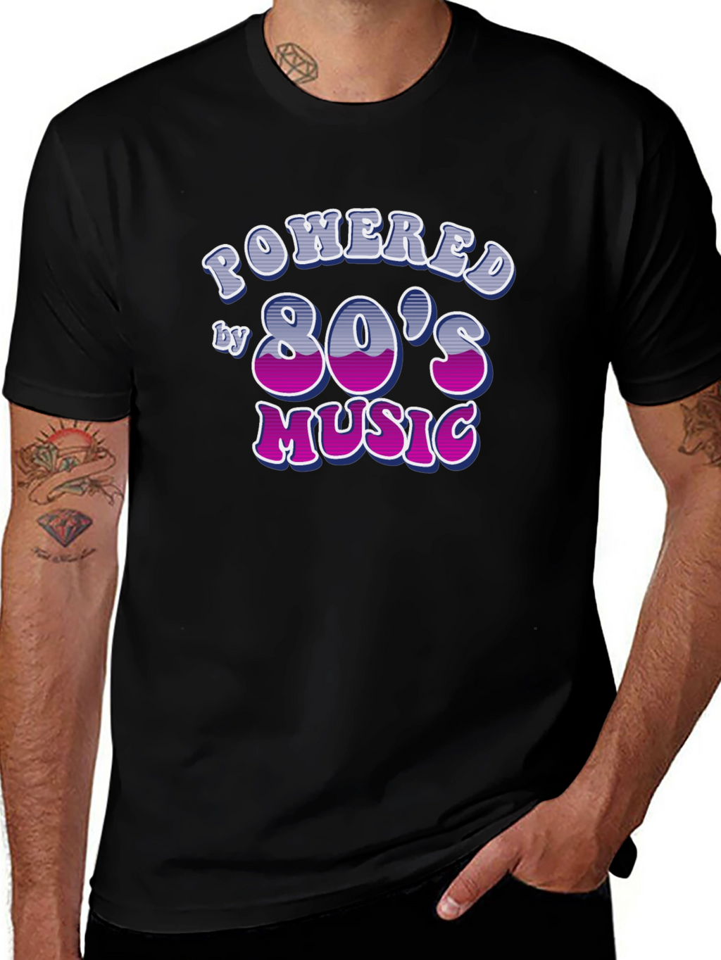 Powered by 80s Music Black T-Shirt