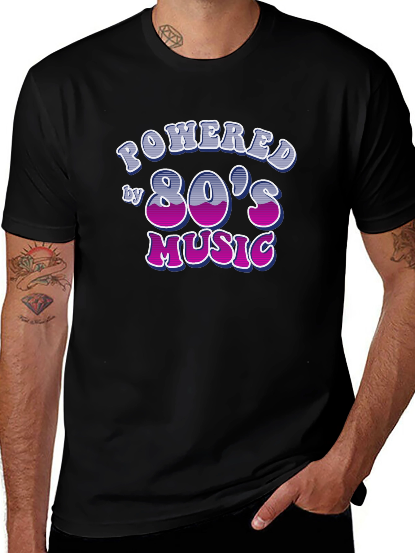 Powered by 80s Music Black T-Shirt
