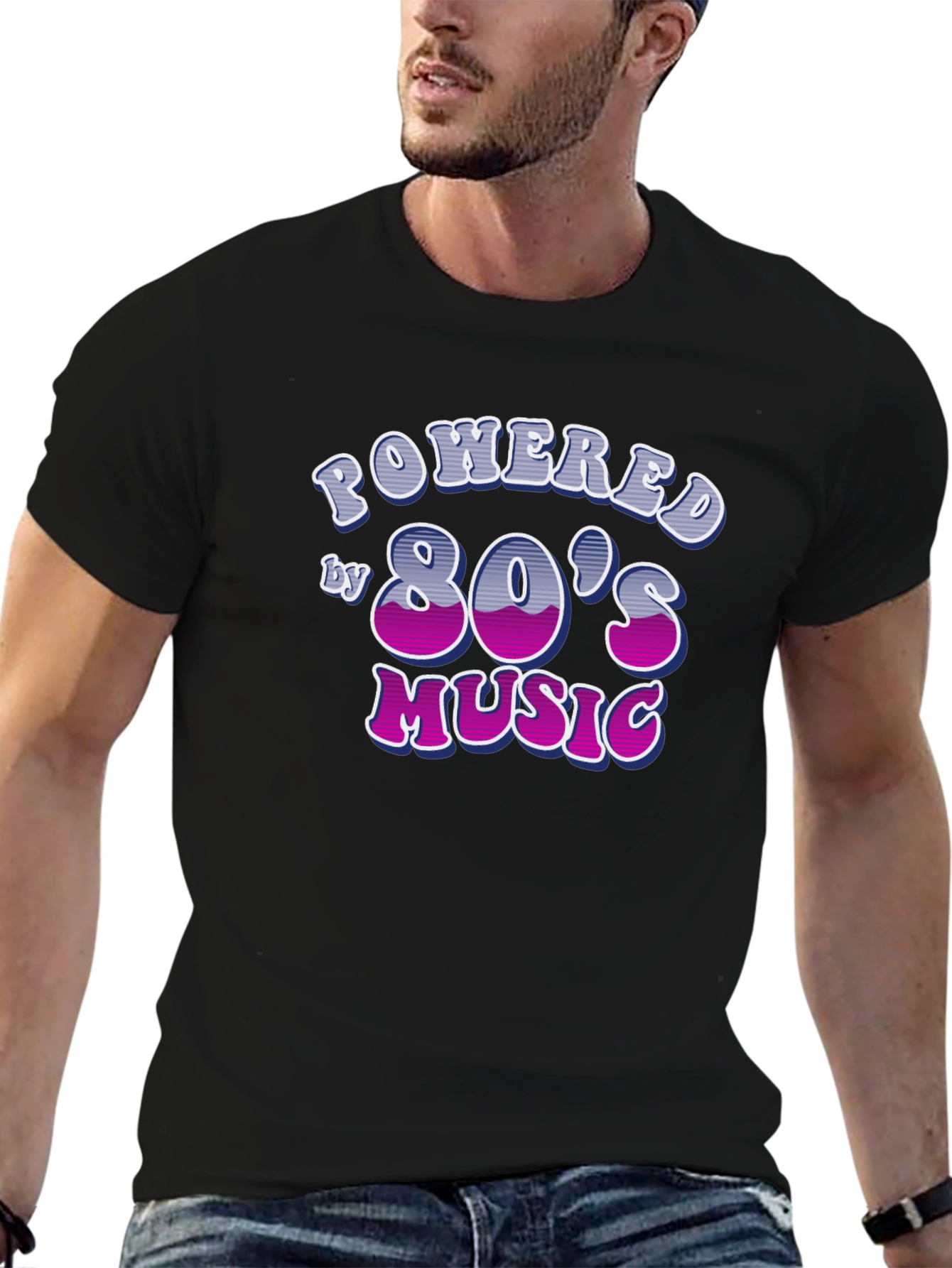 Powered by 80s Music Black T-Shirt
