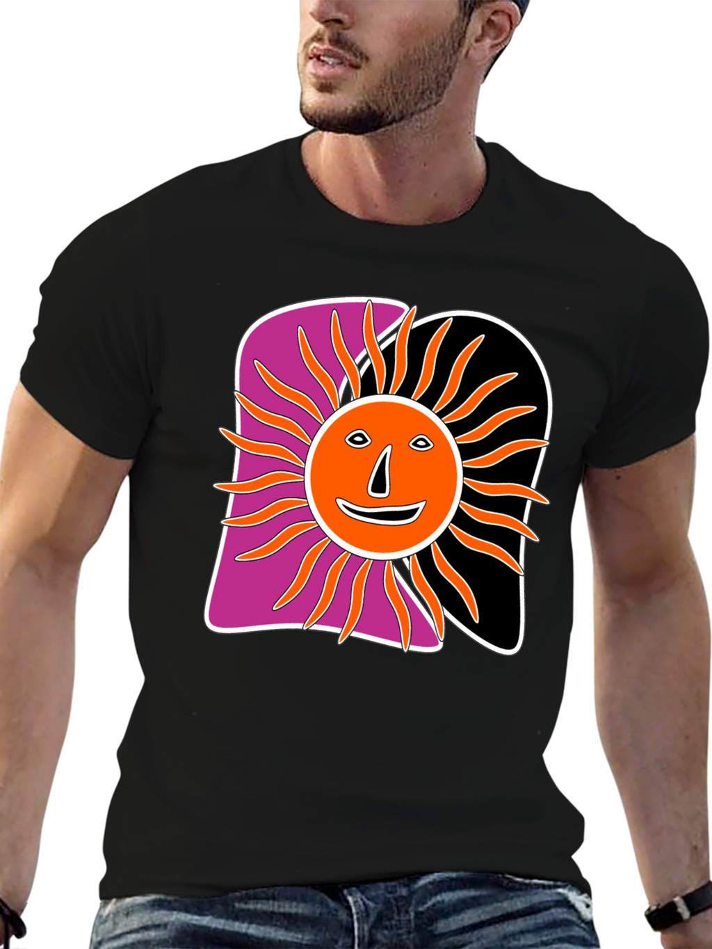 Retro Sun Graphic Tee - Black Cotton Blend