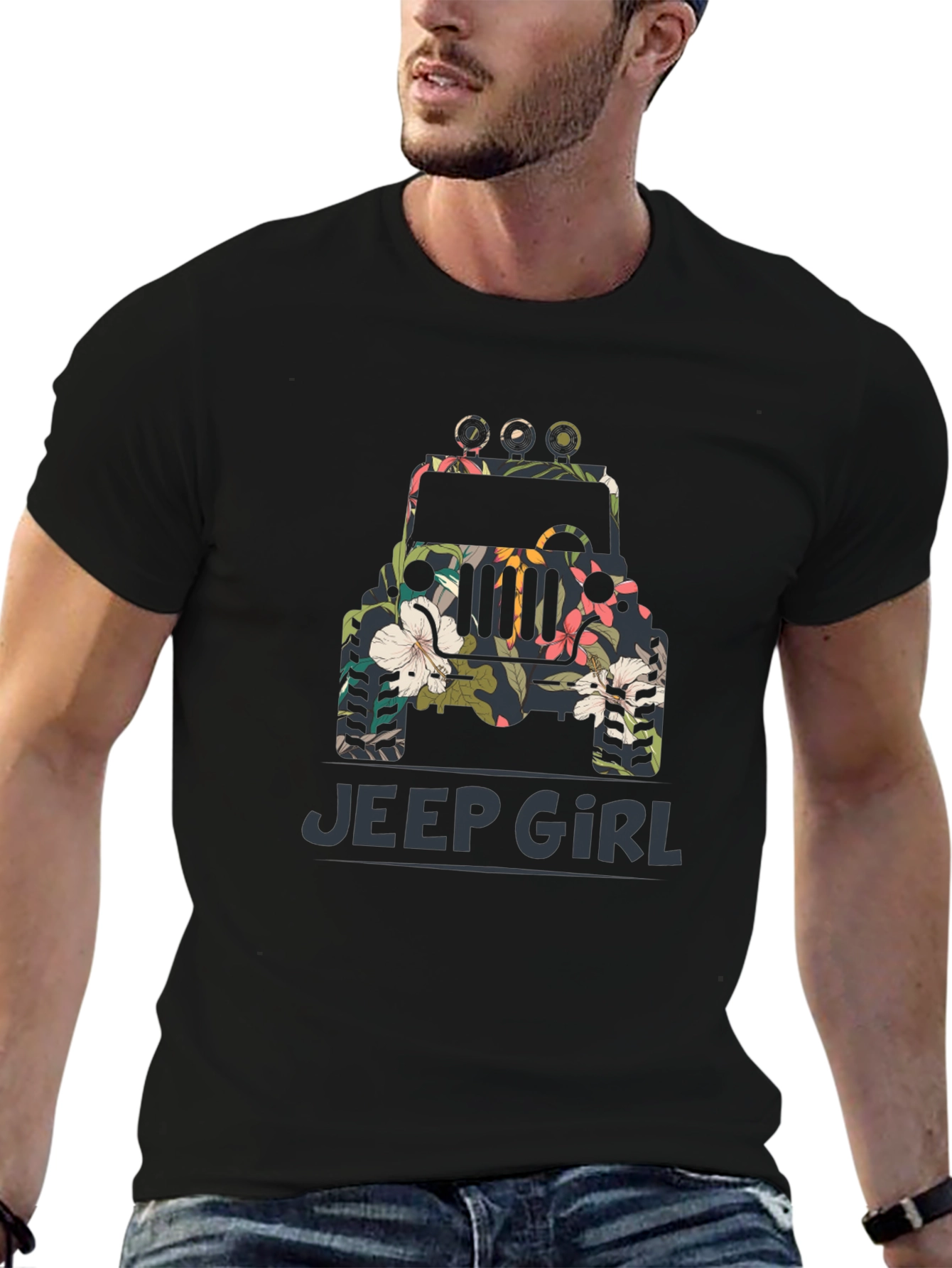 Jeep Girl Floral Graphic Black T-Shirt