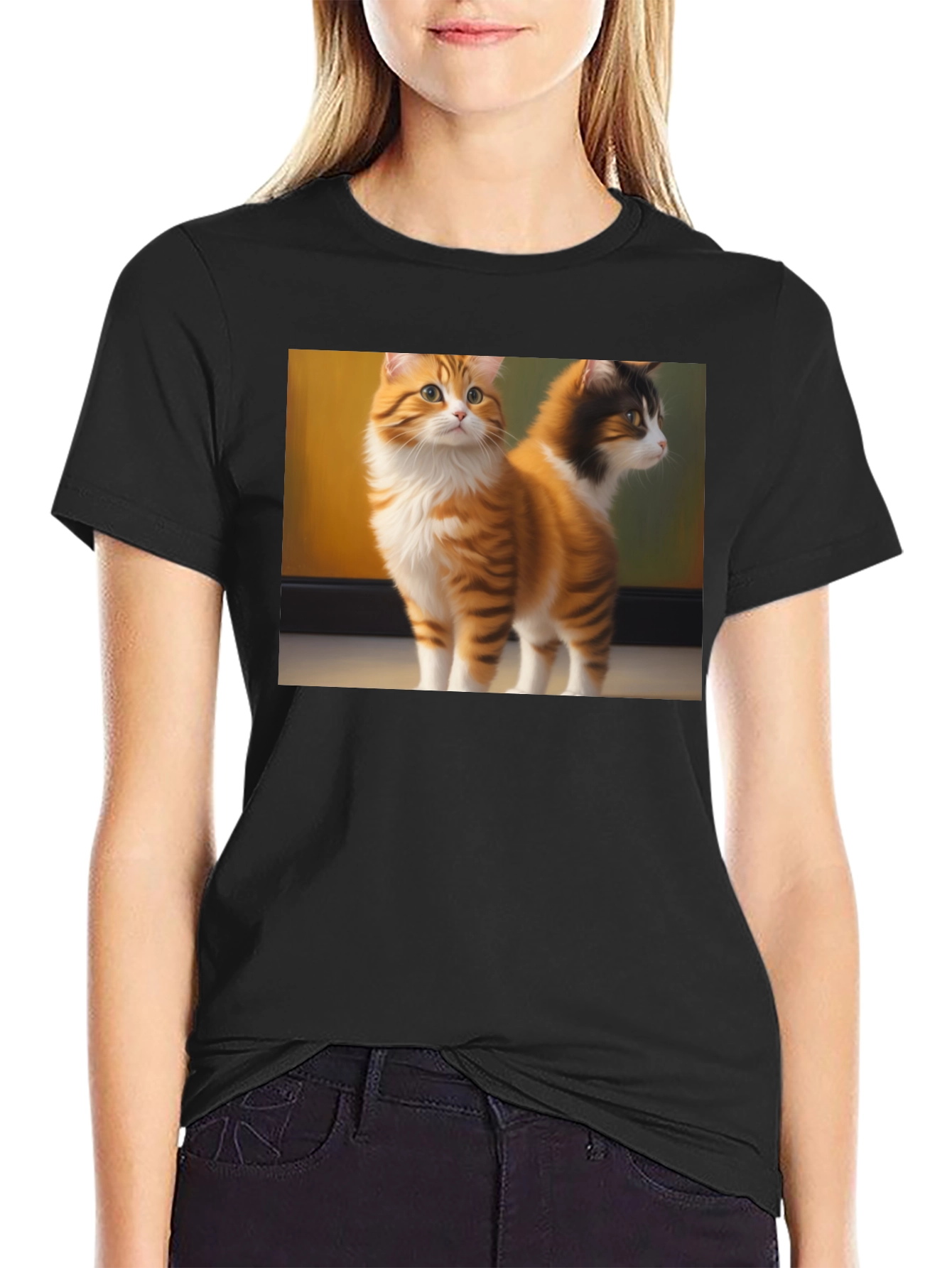 Cute Cat Graphic Black T-Shirt