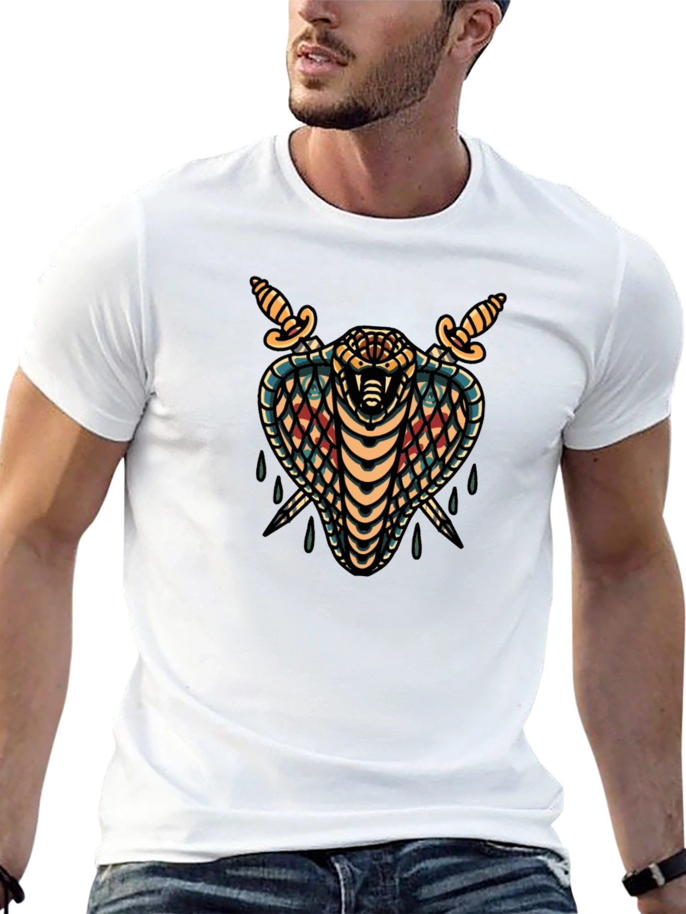 Mens Black T-Shirt Cobra & Daggers Graphic Tee
