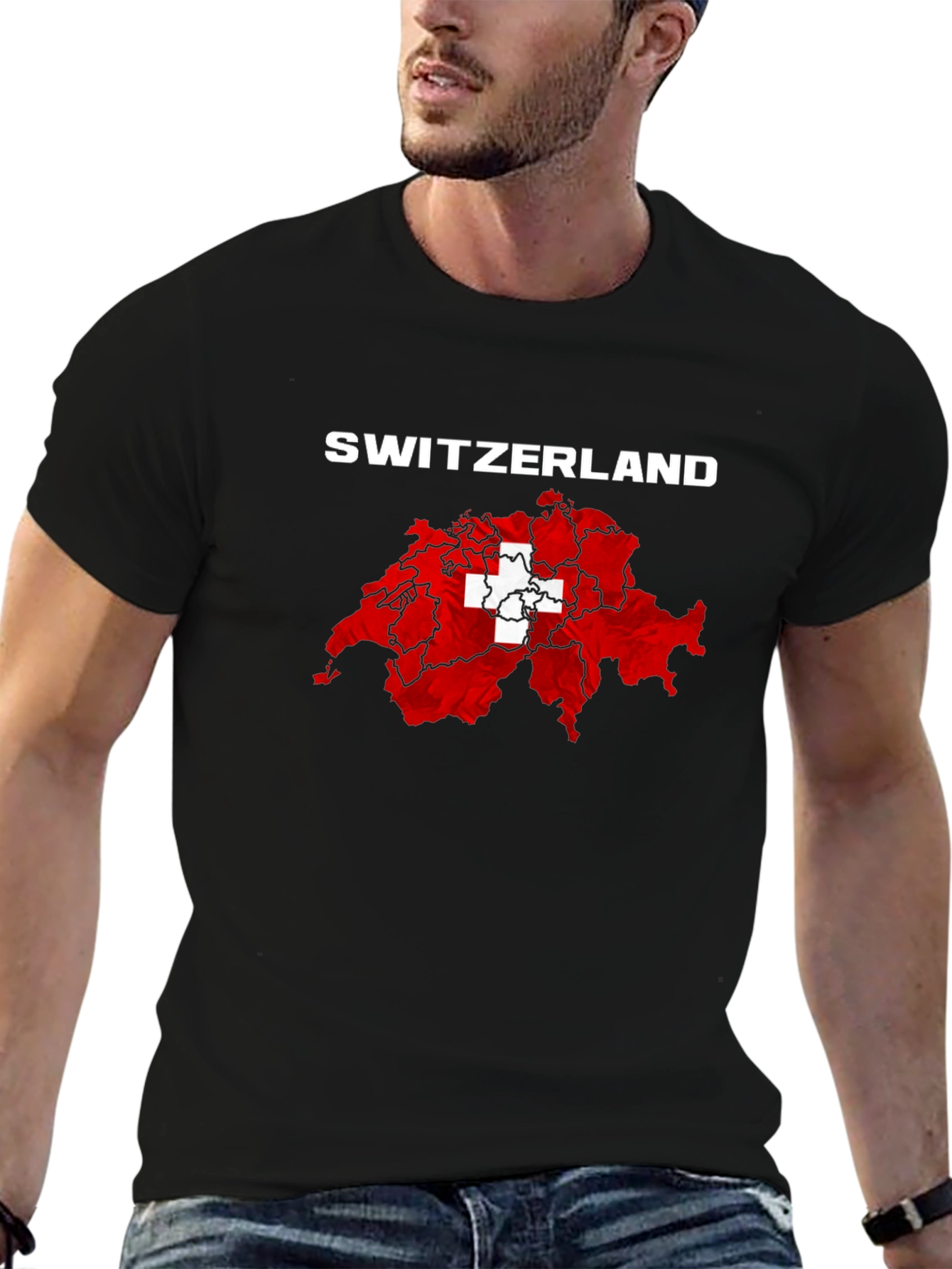 Switzerland Flag Map T-Shirt - Black