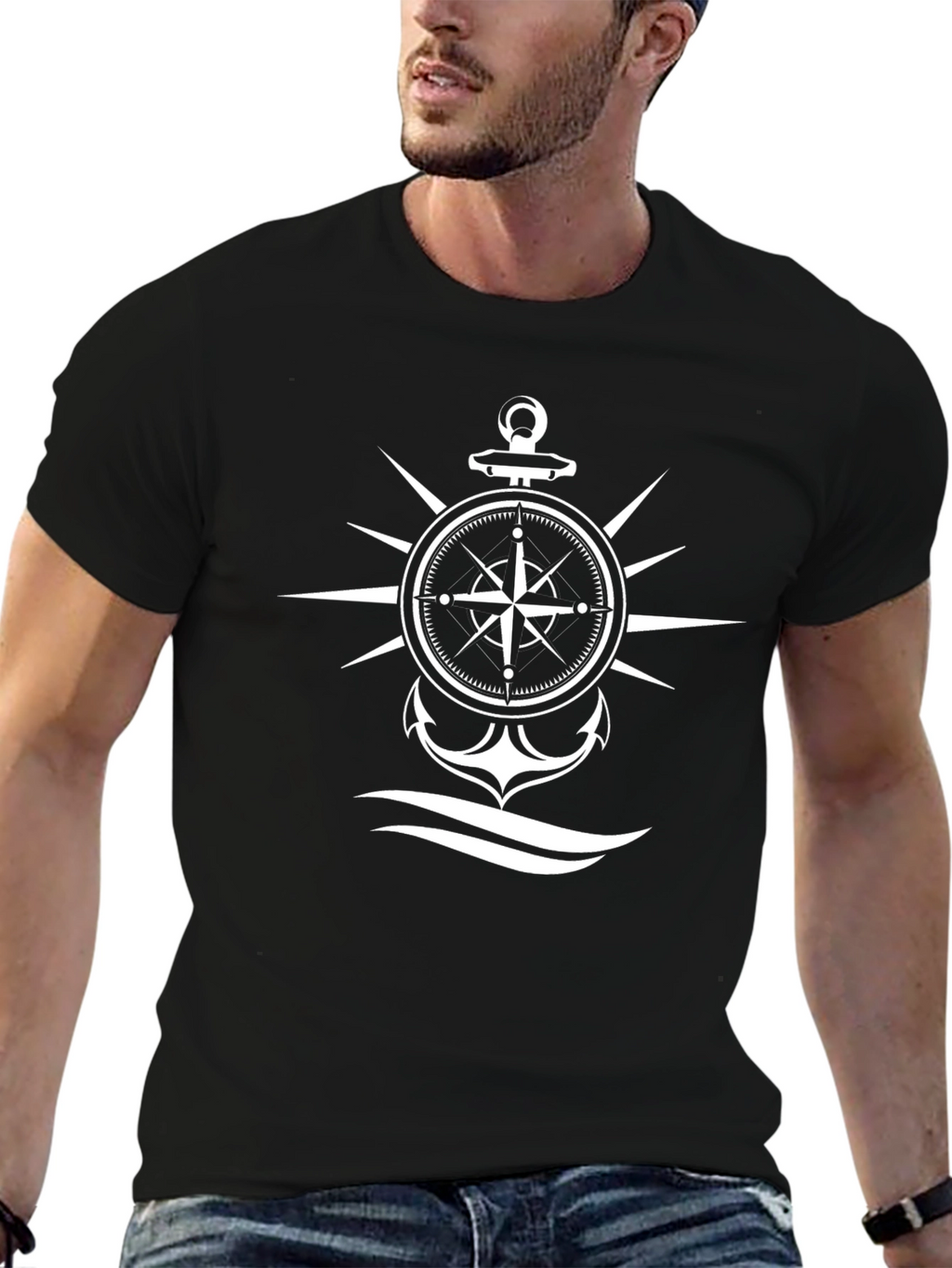 Nautical Compass & Anchor Graphic Black T-Shirt