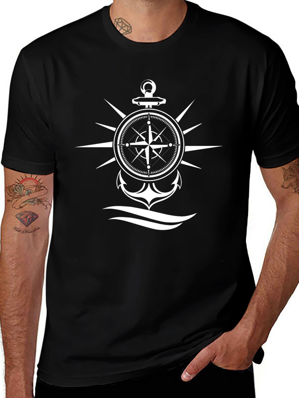 Nautical Compass & Anchor Graphic Black T-Shirt