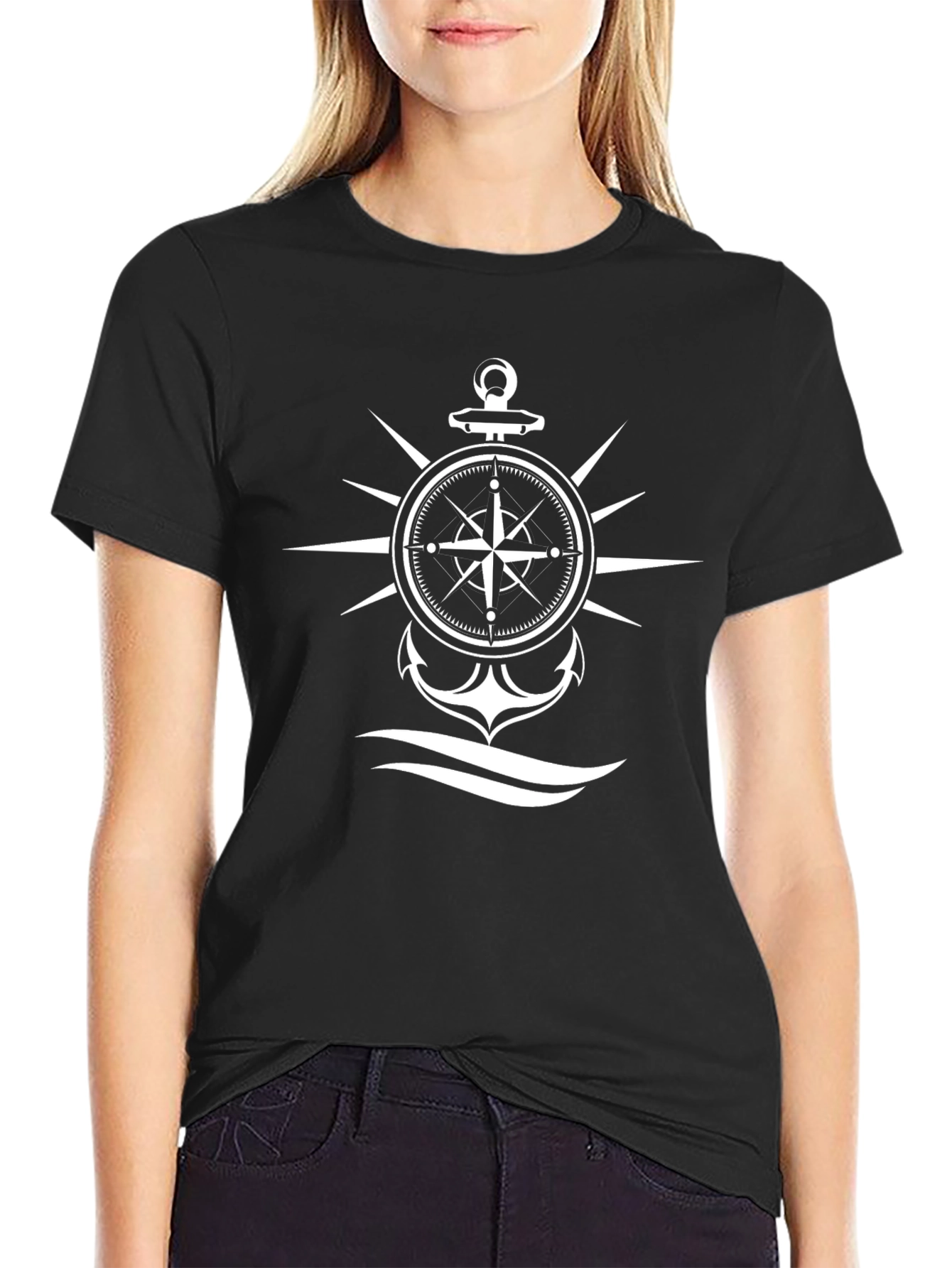 Nautical Compass & Anchor Graphic Black T-Shirt