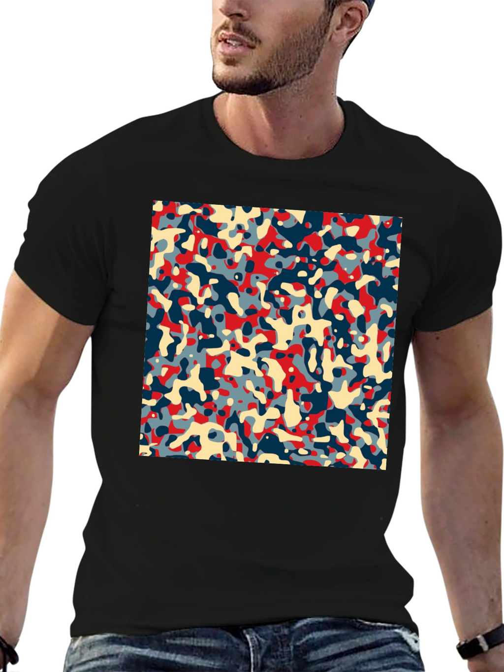 Abstract Camo Print Black Crew Neck Tee