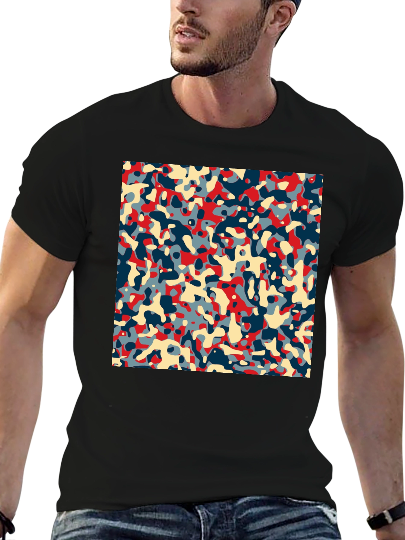 Abstract Camo Print Black Crew Neck Tee