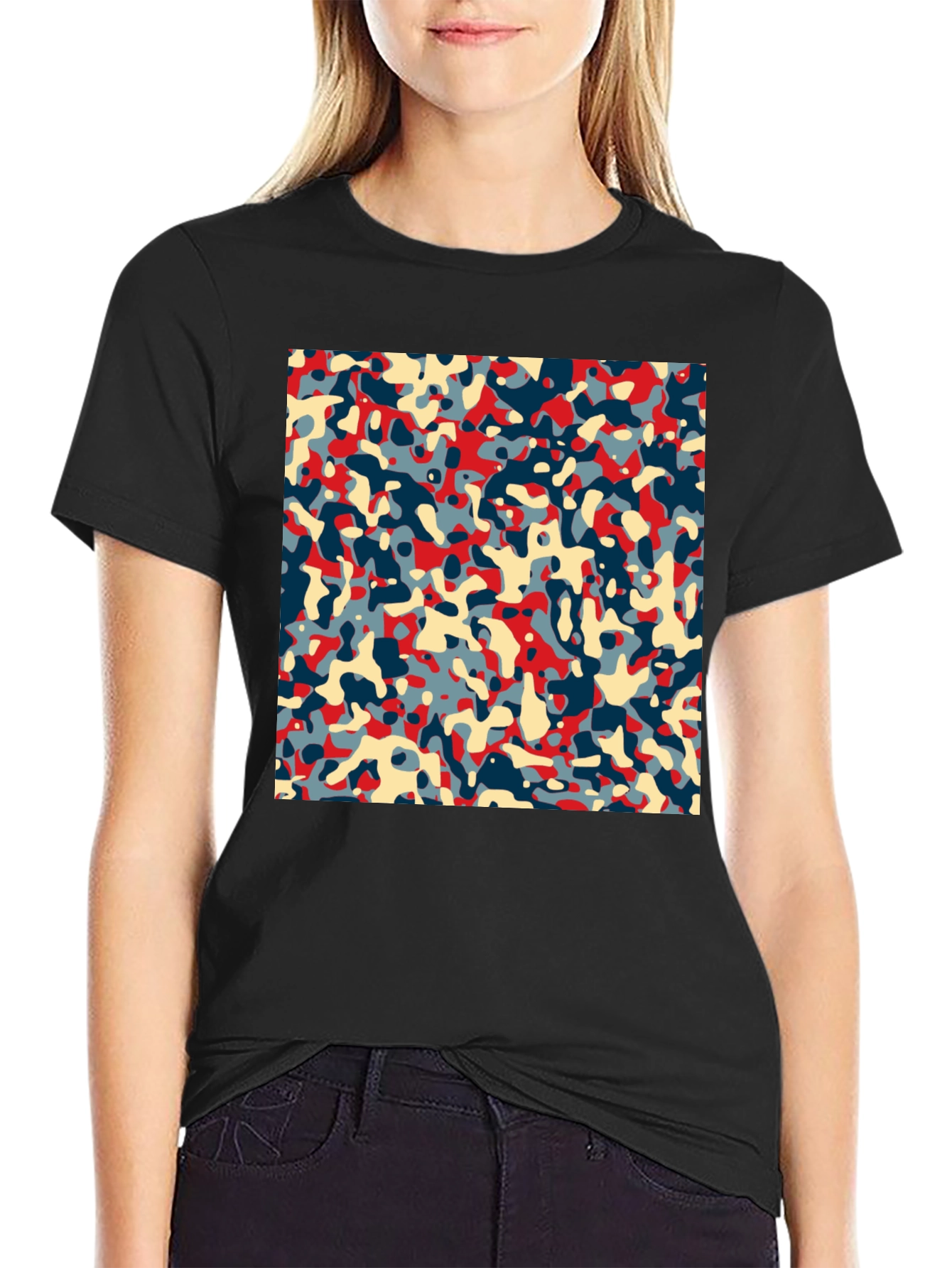 Abstract Camo Print Black Crew Neck Tee