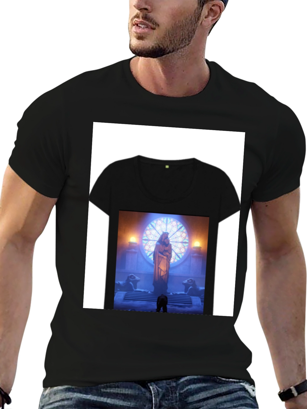 Black Graphic Tee with Religious Scene