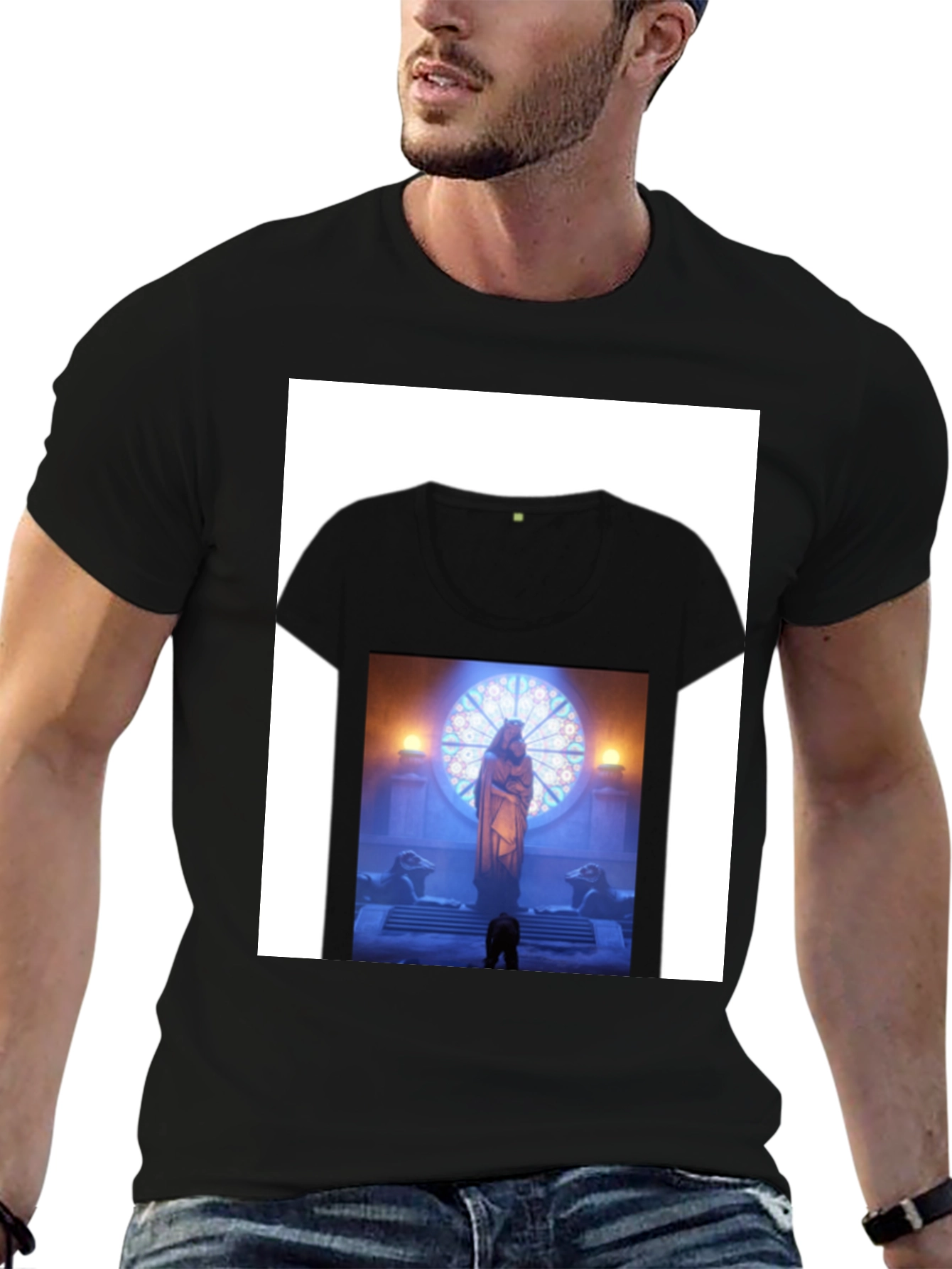 Black Graphic Tee with Religious Scene