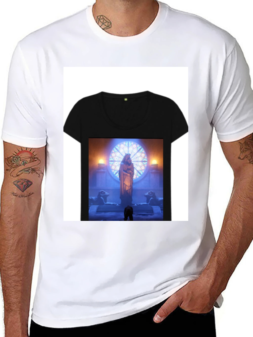 Black Graphic Tee with Religious Scene