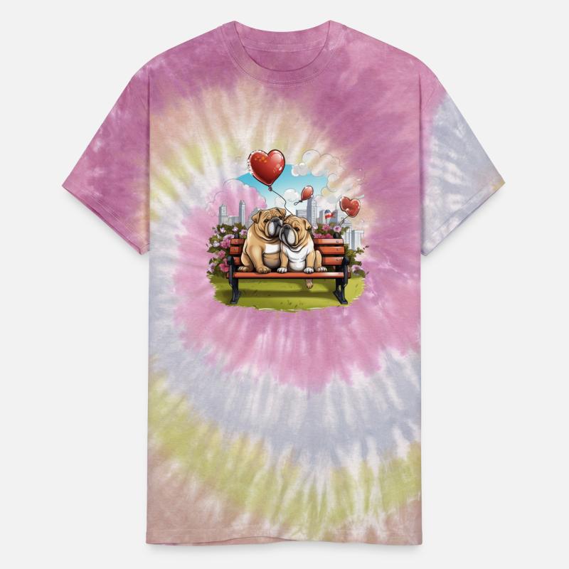 A lovely bulldog couple sitting on a park bench