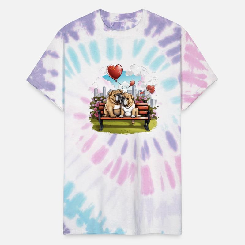 A lovely bulldog couple sitting on a park bench